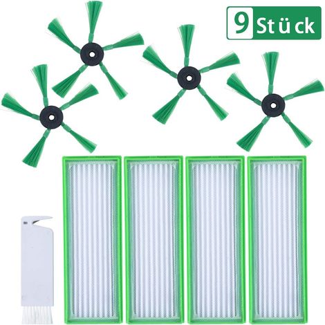 9 Stück Zubehör für Vorwerk Kobold VR200 VR300 Saugroboter - Ersatzteile 4 HEPA Allergiefilter, 4 Seitenbürsten, 1 Kleine Bürste - Ersatzset passend für Vorwerk Kobold VR 200, NICHT Original (1/5)
