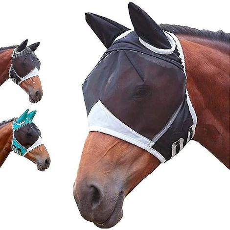 Masque anti-mouches pour cheval, protection UV, avec filet pour les oreilles, ouverture pour la crinière et bordure réfléchissante. Masque extensible et respirant en maille fine, avec œillets et croch (1/5)