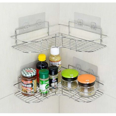 Juego de 2 estantes de esquina de acero inoxidable para ducha, estante de pared para baño con adhesivo, organizador de almacenamiento para baños, dormitorios y cocinas [Plata] (1/4)
