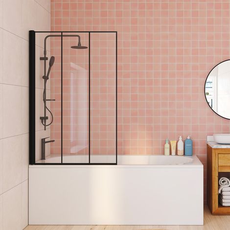 Mampara de baño de 1 hoja 70x120 cm con efecto de cristal serigrafiado y perfil de aluminio negro (1/5)