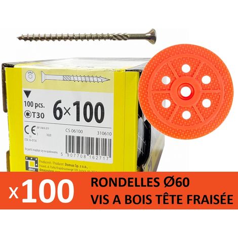 Pack de 100 rondelles d'isolation D.60 mm – 100 vis bois Torx L.100 mm – Fixation pour panneaux bois – Zingué jaune – MCM (1/2)
