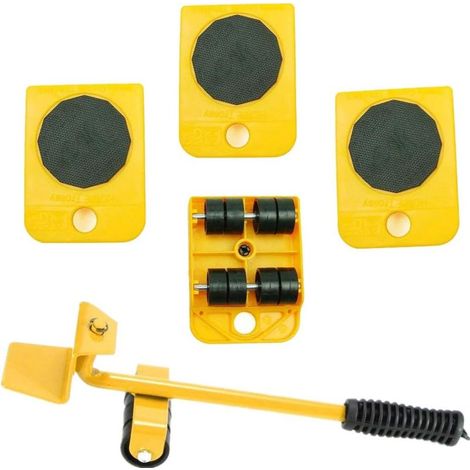 1 ensemble d'outils pour soulever et déplacer un élévateur de meubles pour soulever des meubles et des équipements lourds, 1 tige de levage et 4 galets de déménagement (Jaune) (1/5)
