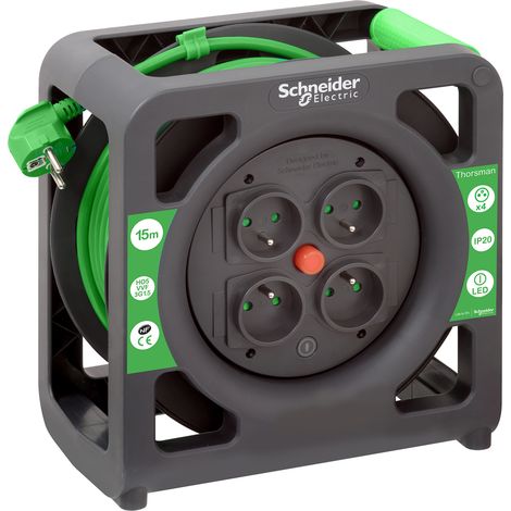 Schneider Electric – Enrouleur électrique 15m 4 prises 2P+T IP20 – Câble H05VVF 3G1.5mm² – Pour usage intérieur