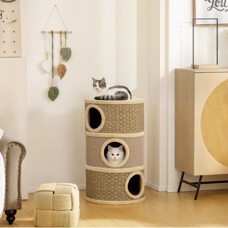 Barril rascador para gatos 45x45x79 cm de poliéster y sisal, beige, 3 niveles – MEUBLIV (1/5)