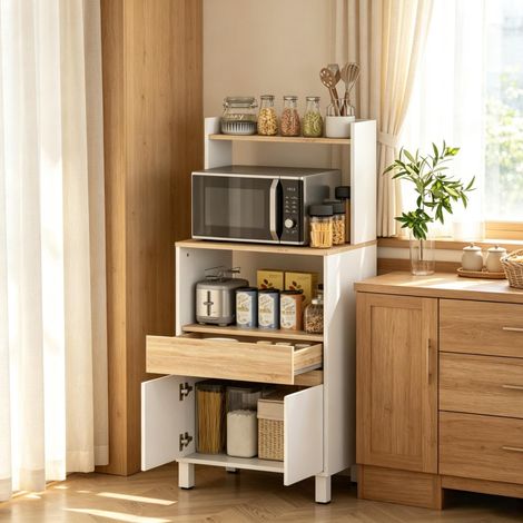 Meuble micro-ondes avec tiroir et placard blanc effet chêne 60 x 40 x 131 cm OKWISH (1/5)