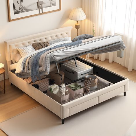 Polsterbett Doppelbett 160x200 cm, mit hydraulisch und Stauraum, Modernes Jugendbett, Bettgestell mit genietetem Kopfteil und Lattenrost, Velour Beige, Ohne Matratze