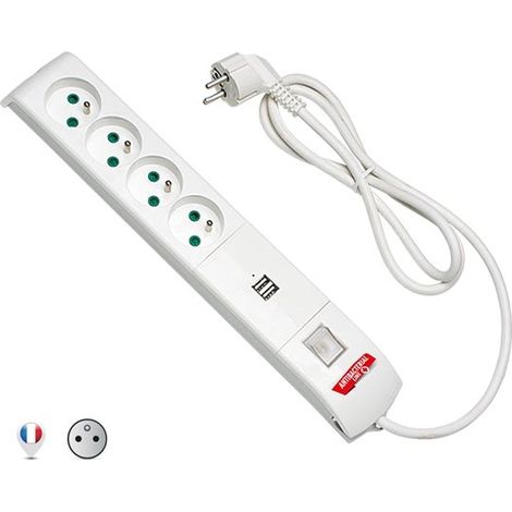 Multipresa FIDO 4 prese francesi std. 2P+E 16A + 2 prese USB 2,1A con interruttore luminoso antibatterica by Biocote contro il 99% dei virus Fanton 4201502FRAB