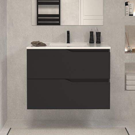 Meuble sous vasque seul, 2 tiroirs, 60cm, pour simple vasque - noir - LUNA