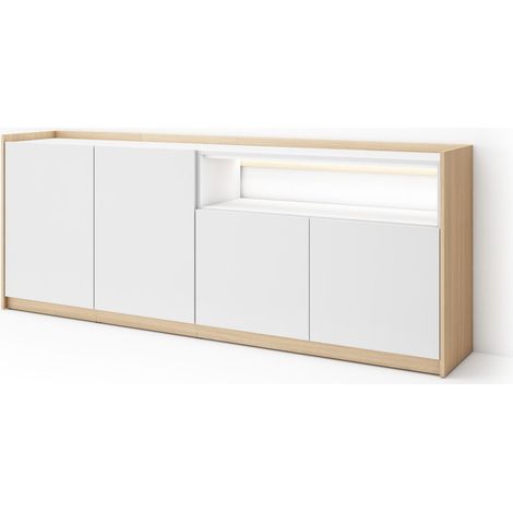 Skraut Home - Credenza, Mobile, Cucina, Madia, mobile ingresso, 207x37x80cm, 4 Porte, LED, Stile moderno, Bianco e Rovere soft (1/5)