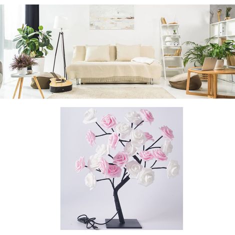 Lampe de Table LED Bonsai USB, Lumière d'Ambiance Rose Blanche 24 LEDs pour Décoration Chambre Noël (1/5)