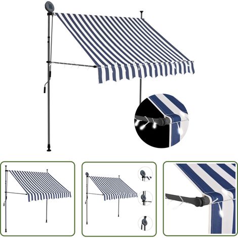 The Living Store Auvent manuel rétractable avec LED 200 cm Bleu et blanc - Auvent Retractable - Stores Exterieurs - Abri Soleil - Parasol - Protection Solaire (1/5)