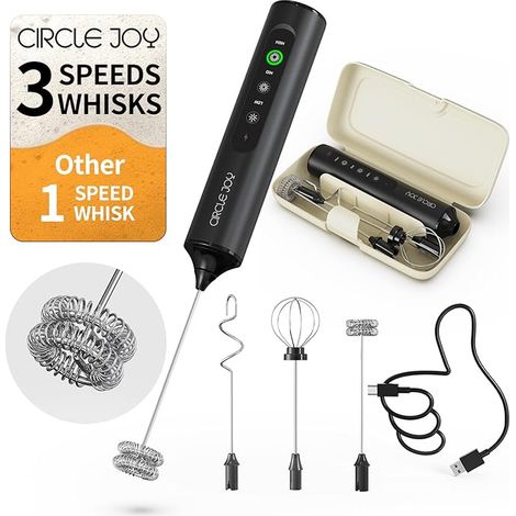 CIRCLE JOY Mousseur à lait Portable Rechargeable avec 3 Vitesses Variables, 3 Fouets et Boîte de Rangement, Mélangeur Électrique pour Cappuccino, Chocolat Chaud, œufs et Poudre de Protéines, Noir
