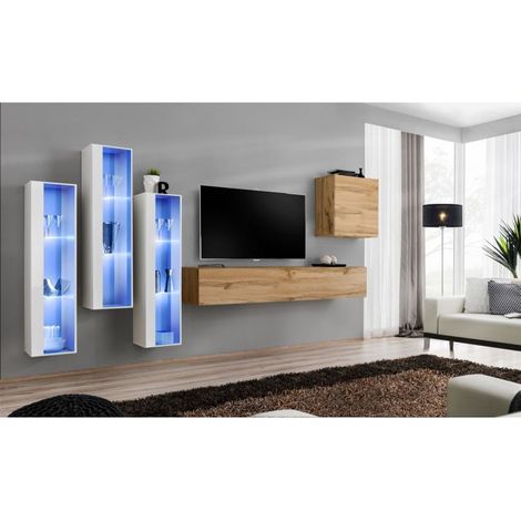 Ensemble mural - Switch XIII - 3 vitrines LED - 1 banc TV - 1 vitrine carrée - Bois et blanc - Modèle 2 - Livraison gratuite