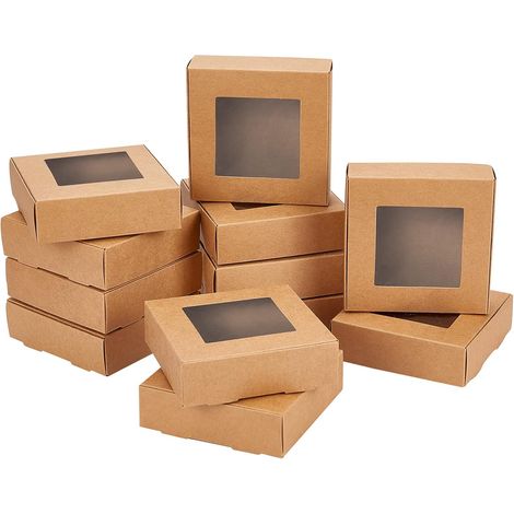 24 x Gift Boxes, Folded Paper Boxes for Jewellery Biscuits, Treats, Kraft with Window 6 x 6 cm for Party Treats, Bakery Packaging, 10 x 10 x 3 cm (1/5)