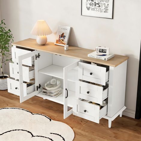 Sideboard 150x40x75 cm Weiß und Holzton aus MDF mit 6 Schubladen, 2 Acryl-Türen, LED-Beleuchtung und grifflosen Fronten (1/5)