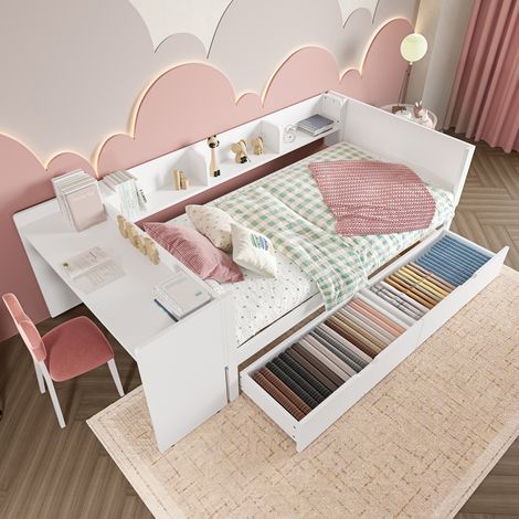 Letto singolo 90x200 cm, con scrivania, Design multifunzione, 2 Cassetti sottoletto scaffali, Pino pannello, Bianco