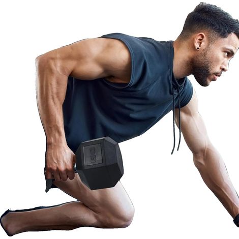 Mancuernas hexagonales, fabricadas en hierro fundido recubierto de goma, 15 kg por mancuerna, mango ergonómico moleteado, ideales para entrenamiento de fuerza, versátiles para brazos y piernas. (1/5)