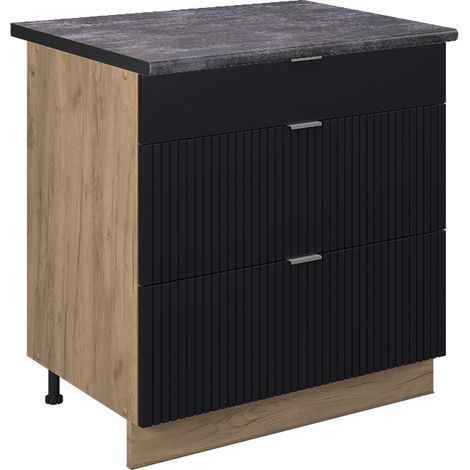 Mobiletto base per cucina Fame-Line, Nero rigato, 80 cm con 3 cassetti, PL Antracite, Vicco