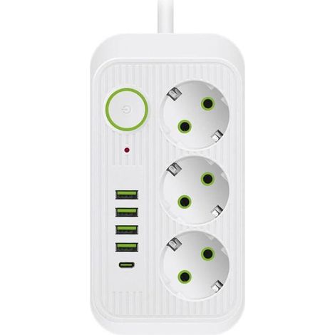 3-fach Steckdosenleiste, 4 USB-Anschlüsse + 1 USB-C-Anschluss, Steckdosenleiste mit Schalter, 2 m Kabel, Überspannungs- und Stromausfallschutz, 2500 W (Weiß)