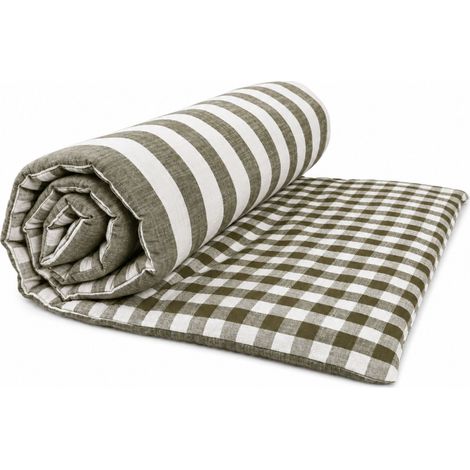 Édredon réversible coton flammé motifs rayures et vichy LOURMARIN Kaki 70x200 cm (1/5)