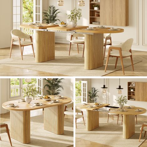 Table à manger extensible 120-160 cm, table en bois ovale à structure verticale, capacité de charge jusqu'à 60 kg, 3 couleurs : Bois naturel, Marron, Noir (1/5)