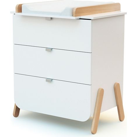 Commode à langer 3 tiroirs en bois blanc et hêtre – Plan à langer amovible 50 x 70 cm – Hauteur 94 cm – Pour chambre bébé – AT4