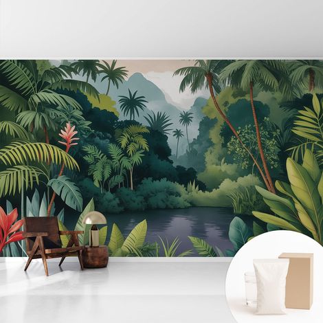 Papier peint intissé avec imprimé pour intérieur moderne application facile a motif - Colle incluse gratuite Décor exotique 416x254 cm (1/5)