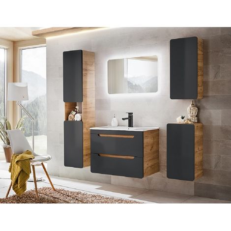 Meuble sous lavabo - Chêne artisanal doré et noir mat - L80-H59-P46 - ARRIBA + Plan de vasque en bois CHÊNE GOLD CRAFT L-81-P46-H2,5 (1/3)