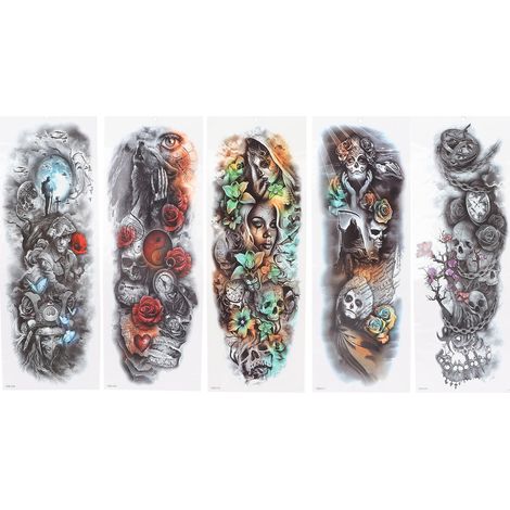 Tatouages temporaires imperméables pour bras complet, stickers de tatouage longue durée, faux tatouages réalistes, lot de 5 pièces (1/5)
