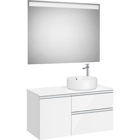 Pack meuble "The gap" 1000 pour vasque à droite - 2 tiroirs + 1 porte + plan + miroir LED - blanc brillant - Roca (1/2)