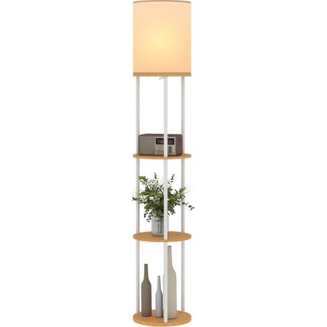 Lampe sur pied Ilane étagères LED télécommande bois naturel (1/5)