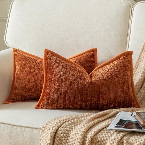 Lot de 2 Housses de Coussin Décoratives Texturées Chenille Taie d'oreiller Accentuelle Housse Douce et Confortable avec Dos en Velours pour Canapé Sofa Lit Salon 40x80 cm Rouge Brique brûlé (1/5)