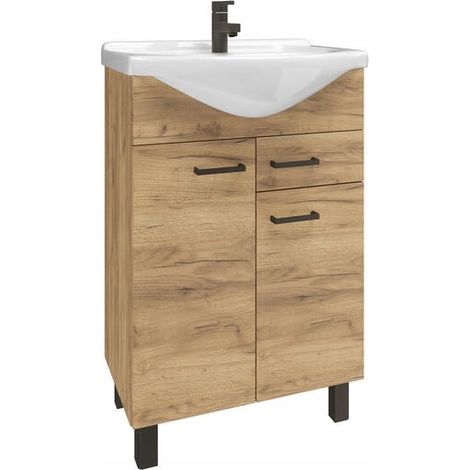 Badezimmerschrank mit Waschbecken, Craft-Eiche, stehend auf Beinen, 55 cm Mea