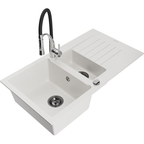 Mexen Matias évier en granit 1,5 bac avec égouttoir et robinet de cuisine Aster, blanc - 6502-20-73450-07-B (1/5)