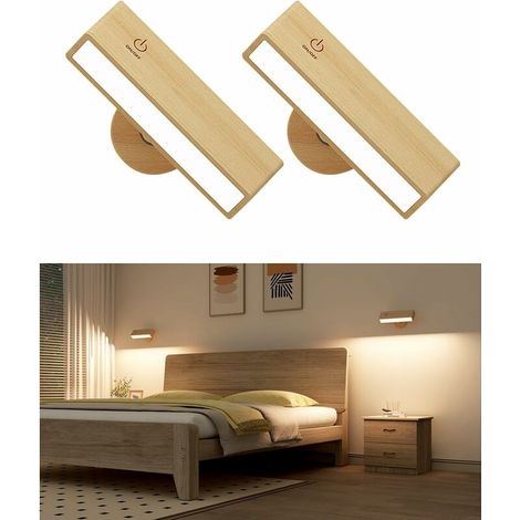 Lot de 2 Applique Murale Intérieure Bois,Lampe Murale Sans Fil Rechargeable USB,Réglage de La Luminosité Applique Murale Sans Fil Chambre,Lampe de Chevet Murale Tactile,lampe sans fil (1/5)