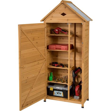 Casetta da giardino in legno di abete certificato FSC 70 x 45 x 160 cm, con 5 ripiani chiudibili a chiave per attrezzi da giardino, Tetto in lamiera zincata