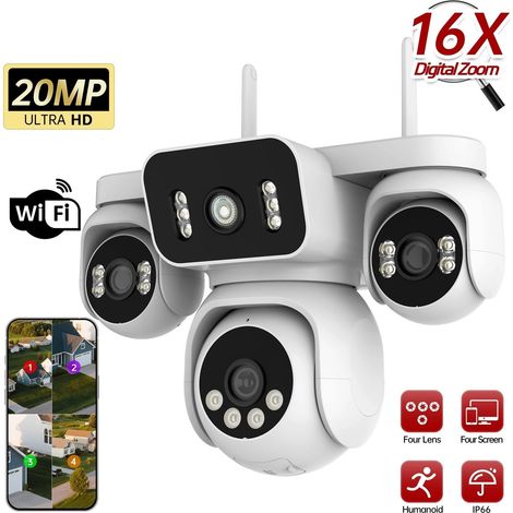 Telecamera di sicurezza WiFi 10K 20MP, 4 obiettivi, 4 schermi, PTZ 360°, zoom 16X, impermeabile, sorveglianza domestica, videosorveglianza esterna (spina UKWiFi CAM ADD 64G) (1/4)