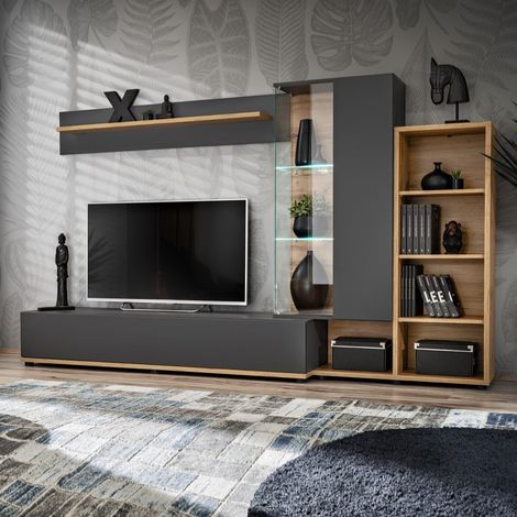 Ensemble Meuble TV Design "Silk II" 240cm Gris & Naturel (1/5)