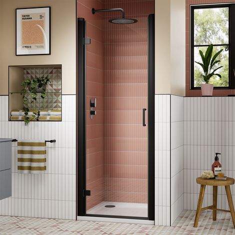 Lucie Matt Black Hinged Shower Door 900mm Wide - 8mm Glass (1/4)