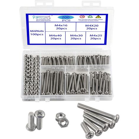 200PCS M4 Boulons et écrous en Acier Inoxydable 304 Croix Tête Pan Mécanique Boulon Vis a Tete Ronde Vis et d'écrous à Tête Cylindrique et Fixations Vis à Métaux Assortiment Kit (1/5)