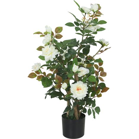 HOMCOM Pianta Artificiale di Rosa con 17 Fiori Realistici e 344 Foglie, Bianco (1/5)