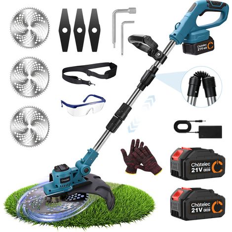 Débroussailleuse Batterie 21V - Coupe Bordure Electrique avec Longueur Réglable - 2 Batteries et 6 Lames - pour Jardin et Pelouses