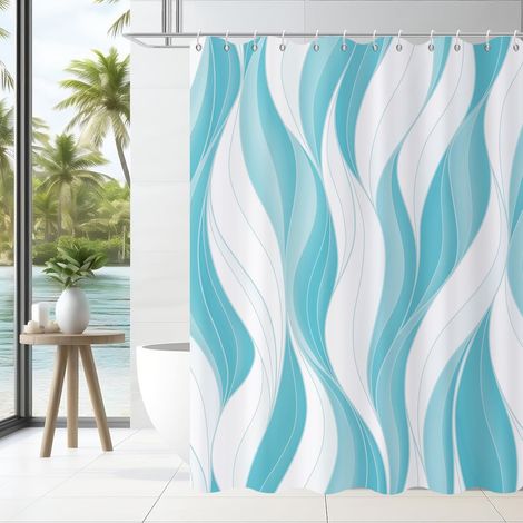 Rideau de douche, 180 x 200 cm, moderne, abstrait, bleu ciel, blanc, ombre, rayé, art minimaliste, tissu imperméable, lavable en machine, avec crochets (1/5)