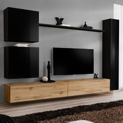 Meuble TV Mural Design "Switch VIII" 280cm Noir & Naturel (1/4)