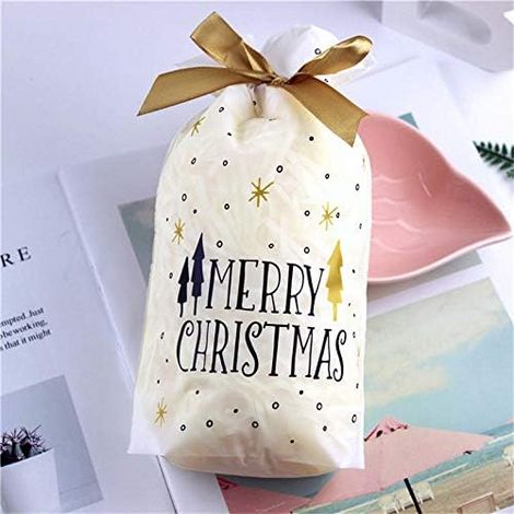 50 bolsas de regalo navideñas para dulces, bolsas de plástico con cordón, bolsas navideñas para dulces, bolsas para refrigerios de cumpleaños, regalos de boda, recuerdos de fiesta, bolsas navideñas co