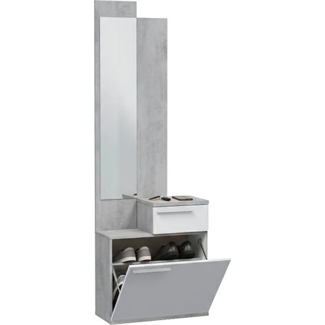 Dmora - Mobile da ingresso Waltham, Scarpiera multifunzione con specchio, Armadio a 1 anta e 1 cassetto, 61x28h185 cm, Cemento e Bianco lucido, con imballo rinforzato