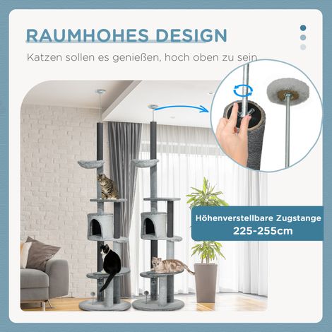Arbre chat avec tendeur plafond, hamac, cabane, plateformes, balle jeu, 225-255 cm, gris