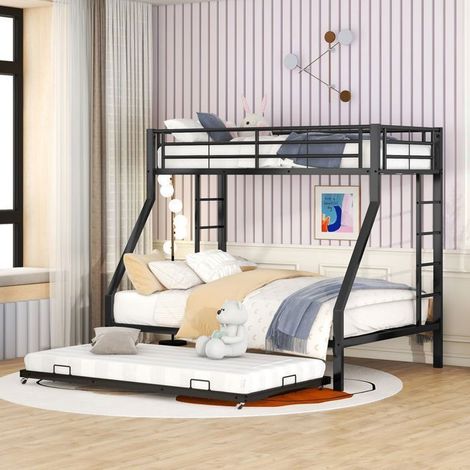 Lit Superposé Enfant - 90/140x200 cm - Avec Lit Gigogne - Lit Superposé - Cadre Métal Noir Double Échelle Gain de Place (1/5)