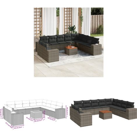 11-tlg. Garten-Sofagarnitur mit Kissen Grau Poly Rattan - Gartenmöbel Set - Esstisch - Lounge Möbel - Rattan Gartenset - Outdoor Möbel - Home & Living (1/3)