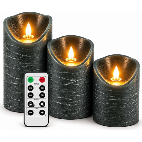 Relaxdays Set de 3 Velas LED Efecto Mármol, Cera Auténtica, Llama Parpadeante, Mando, Temporizador, Gris Oscuro (1/5)